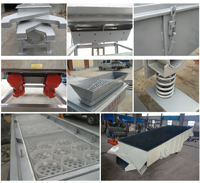 多層直線振動篩由進(jìn)料口,底座,振動電機(jī),篩網(wǎng),篩框,彈簧,出料口等組成。