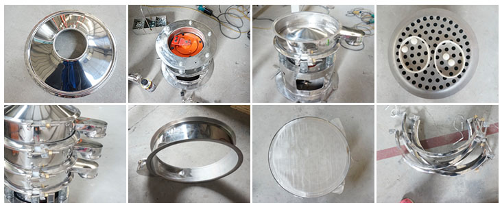 不銹鋼振動(dòng)篩結(jié)構(gòu)展示：防塵蓋，出料口，閘門，篩網(wǎng)于彈跳球，底座，振動(dòng)彈簧等。