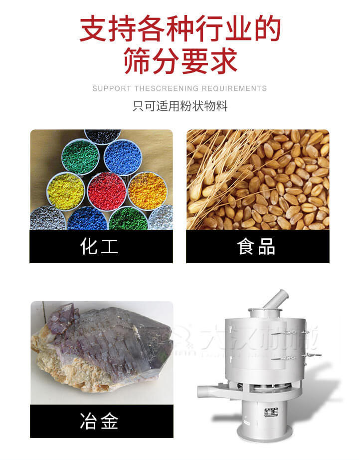 氣流篩用于礦粉，石墨粉，活性納米碳酸鈣，鋁灰，大豆粉，碳酸重鈣，石墨粉，木粉，干草，重金石粉，藥粉末，橡膠顆粒，草酸鹽，干料粉，木粉，聚酯粉，干粉，塑料，金屬粉末，橡膠粉，粉煤灰，石墨粉，陶瓷粉，鋅粉，石英粉，石灰粉，鐵粉，金屬硅粉等。