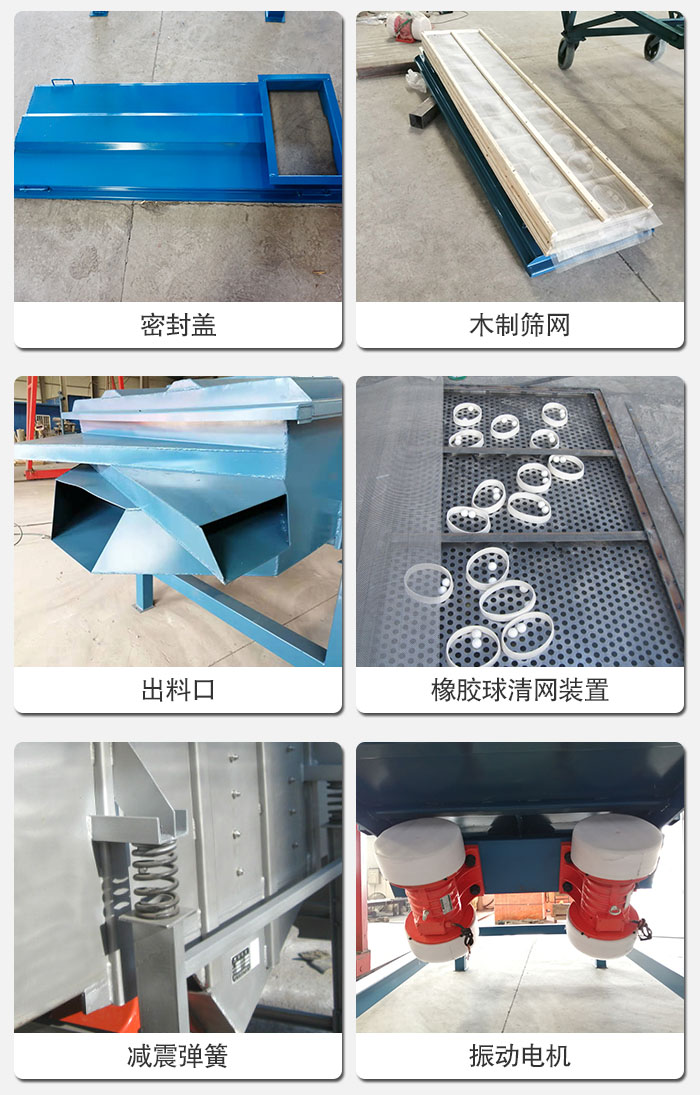 直線篩結(jié)構(gòu)展示：篩網(wǎng)，篩箱，振動(dòng)電機(jī)，振動(dòng)電機(jī)座，減震彈簧，支架等部件展示圖