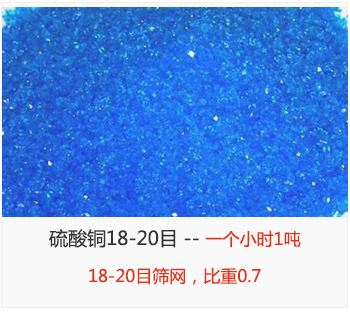 篩分18-20目的硫酸銅 產(chǎn)量一個小時1噸，采用18-20目篩網(wǎng)，比重0.7