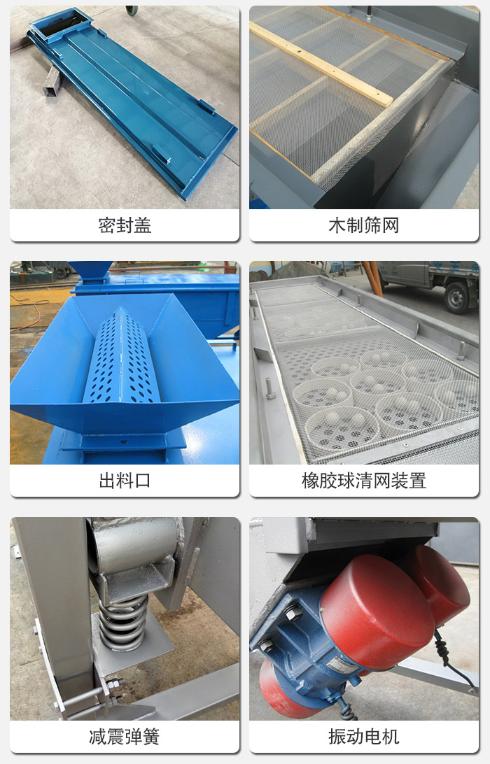 直線篩分機(jī)的結(jié)構(gòu)展示圖：篩箱是物料主要篩分設(shè)備之一，篩網(wǎng)用于篩分物料，振動(dòng)電機(jī)幫助篩網(wǎng)篩分。