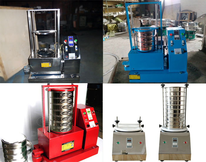 三種不同類型的試驗篩，區(qū)別控制臺在下部或在右側(cè)。材質(zhì)為不銹鋼和碳鋼兩種，碳鋼材質(zhì)做了噴漆有：紅色和藍色兩種。