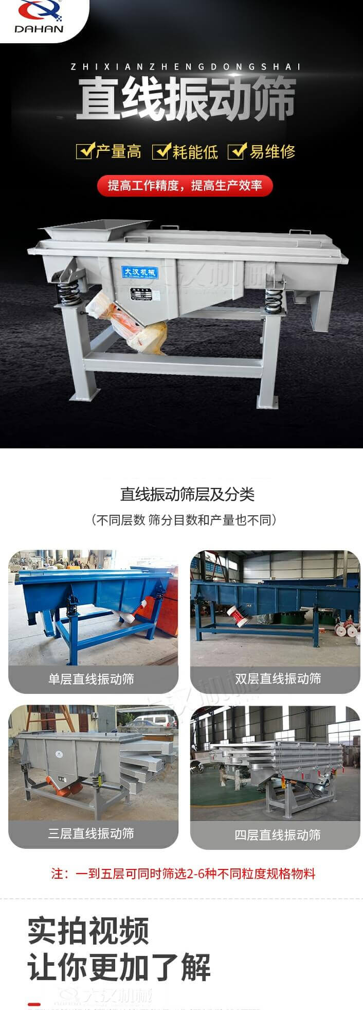 直線振動(dòng)篩概述，產(chǎn)量高，耗能低，易維修，提高工作精度，提高生產(chǎn)效率，直線振動(dòng)篩層級(jí)分類：不同層數(shù)，篩分目數(shù)和產(chǎn)量也不同：單層，雙層，三層，四層等。