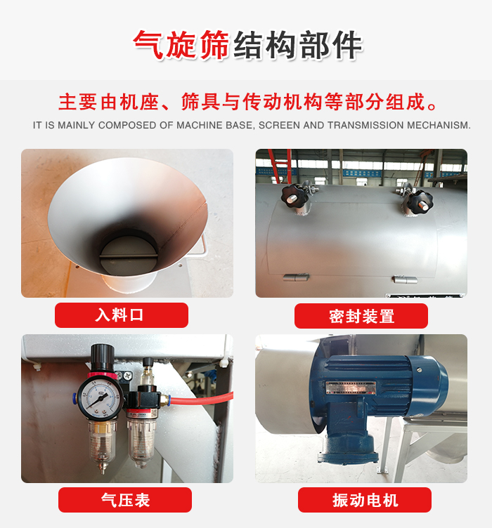 氣旋篩結(jié)構(gòu)：入料口，密封裝置，電機，氣壓表等
