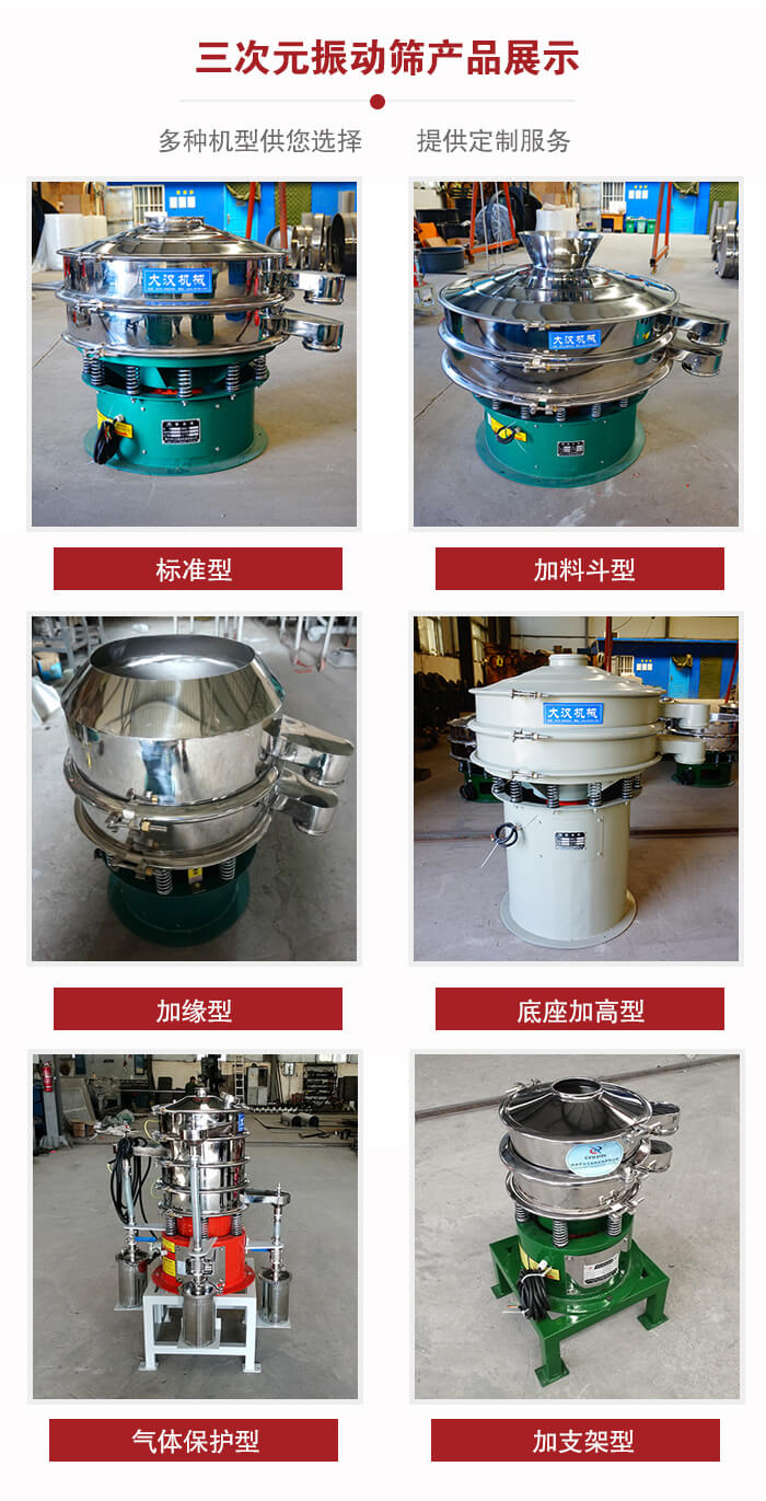 三次元振動篩不同結(jié)構(gòu)展示：標(biāo)準(zhǔn)型，加料斗型，加緣型，底座加高型，氣體保護(hù)型，加支架型。