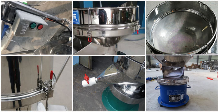 過濾篩細(xì)節(jié)展示：控制開關(guān)，篩框，出料口閥門，底座等