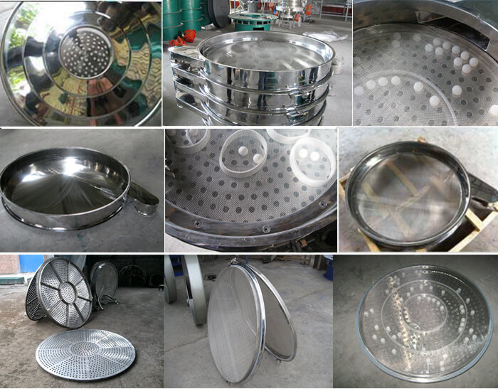 食品振動篩細節(jié)展示：防塵蓋，篩框，網(wǎng)架，底框等。